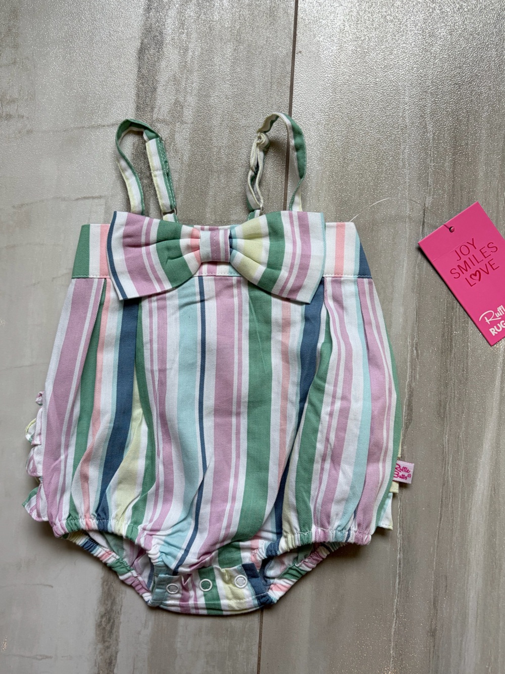 NWT RuffleButts Colorful Striped Bow Front Cotton Bubble Romper Girls 3-6M